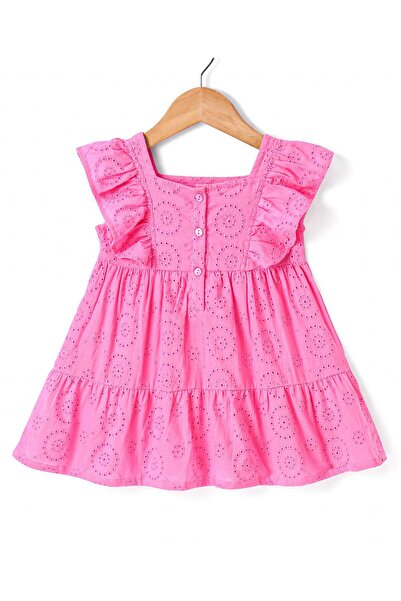 Bonfino Bonfino 100% Cotton Frill Sleeve A Line Schiffli Dress - Pink