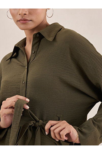 Femmella By Styli Solid Button Down Shirt Midi Dress with Tie-Up Belt