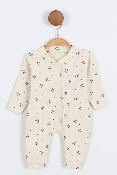 BEREKET BABY 100% Cotton |   Ribbed Fabric |   Baby Cherry Printed Booties Jumpsuit 0-9Ay