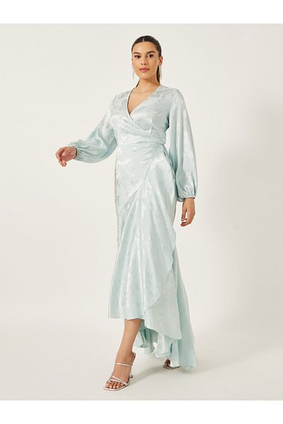Styli Asymmetric Hem Jacquard Wrap Maxi Dress