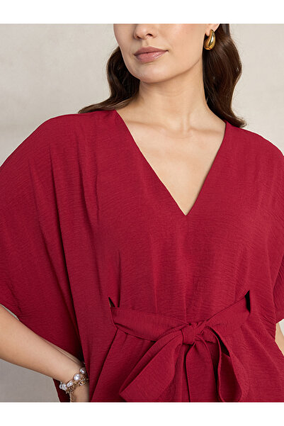 Femmella By Styli Solid V-Neck Kimono Top with Tie Up Detail