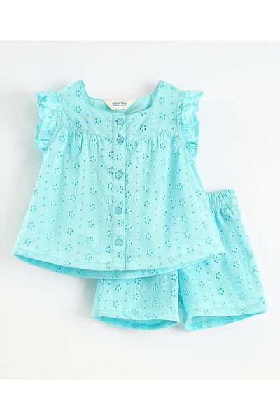 Bonfino Bonfino 100% Cotton Schiffli Frill Sleeves Top and Shorts Co-ord Set - Light Blue