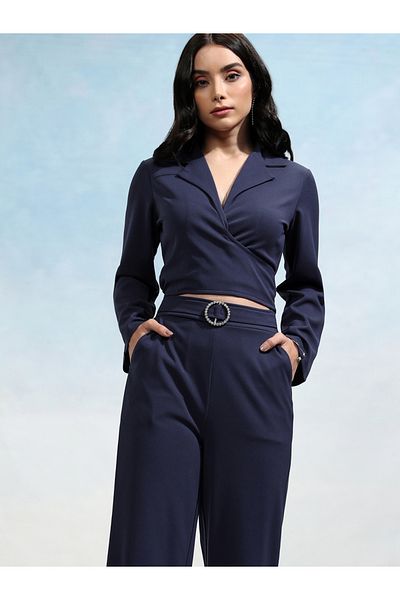 Tokyo Talkies By Styli Solid Wrap Notch Label Crop Top with Wide Leg Trousers Co-Ords