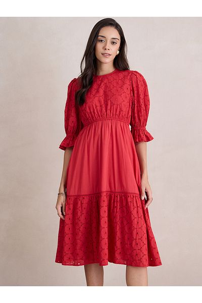 Femmella By Styli Puff Sleeve Cotton Schiffli Tiered Midi Dress