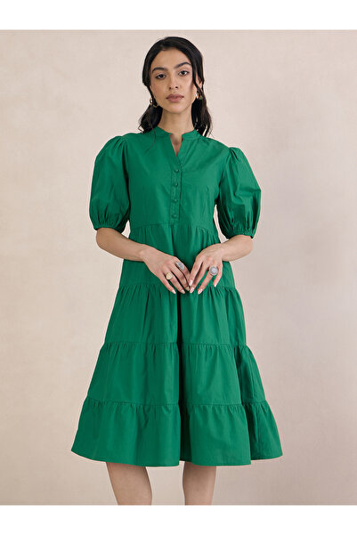 Femmella By Styli Puff Sleeve Tiered Midi Dress with Button Detail