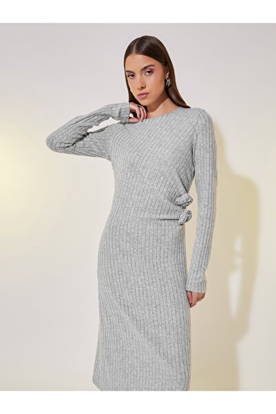 Take Two By Styli Textured Rib Knit Flower Corsage Long Sleeve Midi Dress