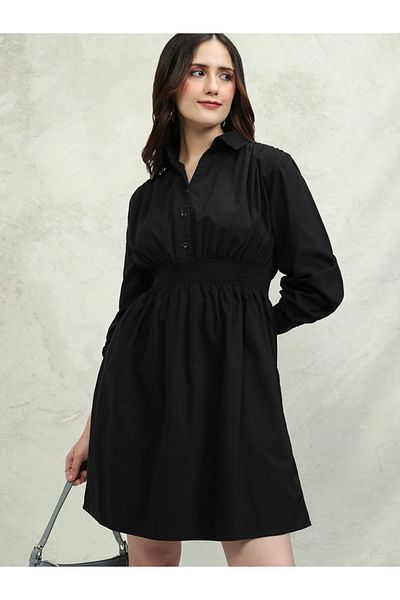 Tokyo Talkies By Styli Solid Cotton Collared Mini Dress with Smocked Detail