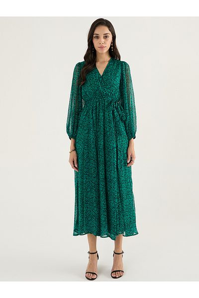 Femmella By Styli Floral Print Balloon Sleeve Wrap Maxi Dress