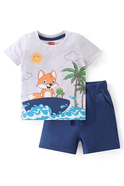 Babyhug Babyhug Single Jersey Knit Half Sleeves T-Shirt with Shorts Set Fox Print - Grey & Blue