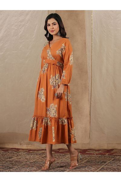 Sanskrutihomes By Styli All-Over Print Ruffle Hem V-Neck Midi Dress