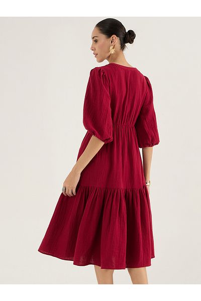 Femmella By Styli V-Neck Balloon Sleeve Cotton Knot Detail Midi Dress