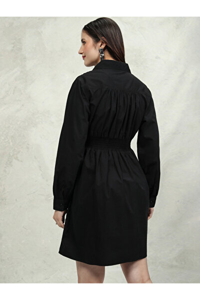 Tokyo Talkies By Styli Solid Cotton Collared Mini Dress with Smocked Detail