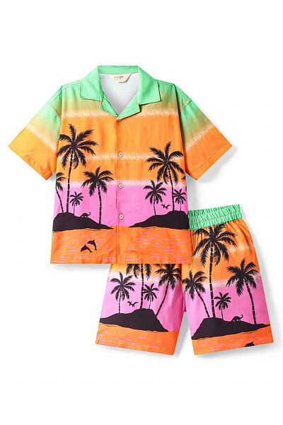 Primo Gino Primo Gino Rayon Woven Half Sleeves Shirt & Shorts Co-Ord Set With Tree Print - Orange