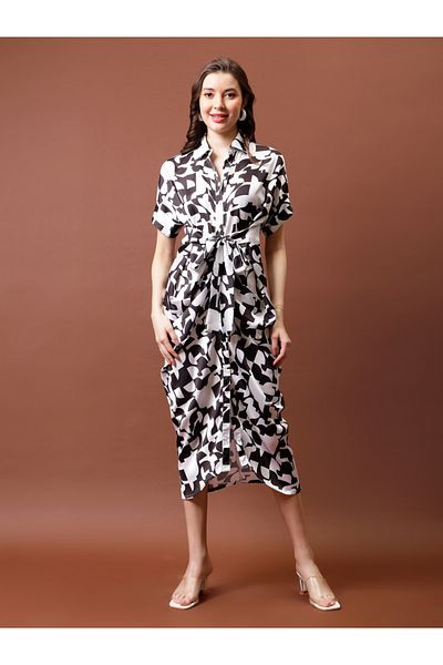 Athena By Styli Printed Satin Shirt Midi Dress with Pleated Detail