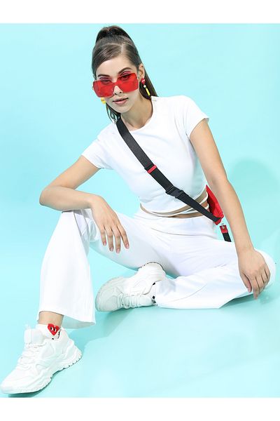 Tokyo Talkies By Styli Solid Round Neck Crop Top with Mid Rise Trousers Co-Ords