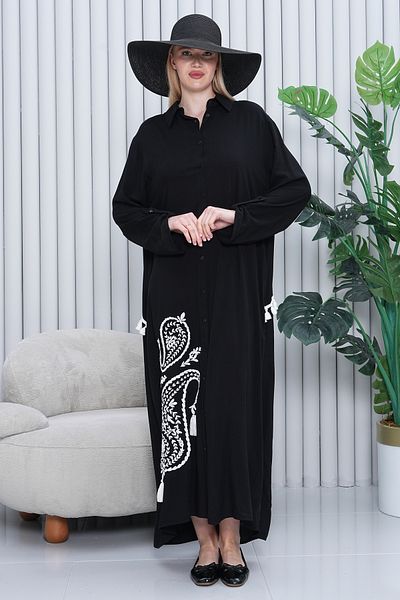 BeyzaBayram Women's Black Embroidered Back Tasseled Large Size Oversize Buttoned Long Viscose Dress