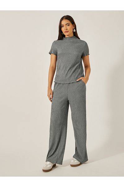 Styli Textured High Neck Top with Wide Leg Pants Co-Ords