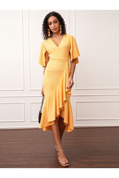 Tokyo Talkies By Styli Solid Asymmetrical Hem Ruffled V-Neck Midi Dress