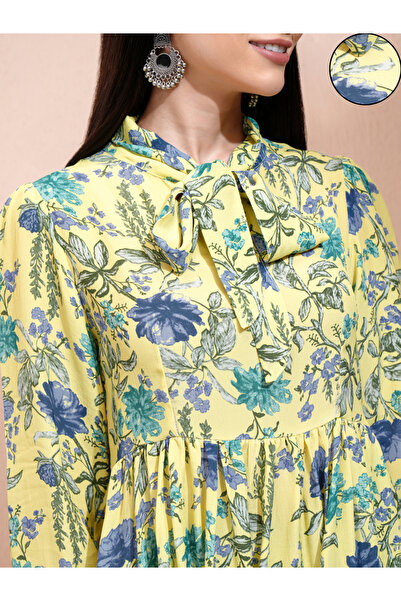 Vishudh By Styli All-Over Floral Print Tie-Up Neck Longline Tunic with Palazzo Pants Set