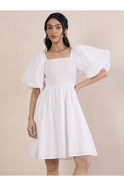 Femmella By Styli Puff Sleeve Square Neck Mini Dress with Smocked Detail
