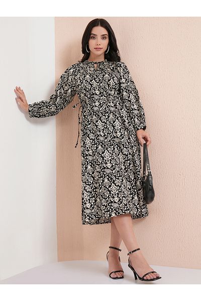 Tokyo Talkies By Styli All-Over Floral Print Tie-Up Neck Midi Dress