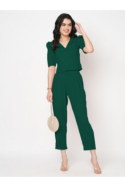Mish By Styli Solid Puff Sleeve Blazer Top and Straight Fit Trouser Co-Ords