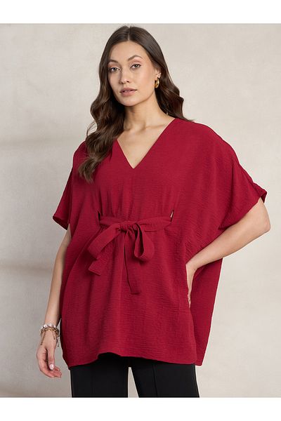 Femmella By Styli Solid V-Neck Kimono Top with Tie Up Detail