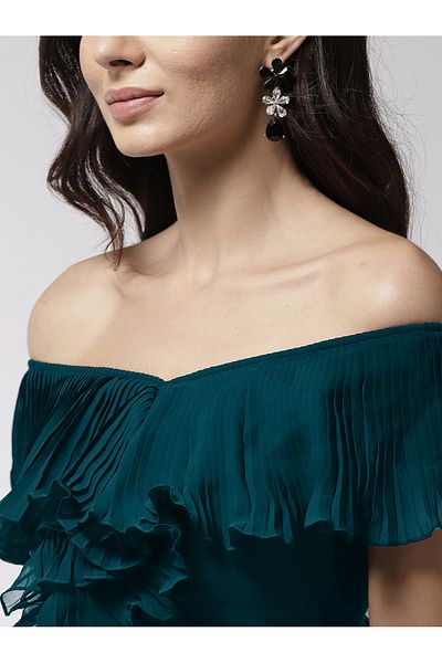Mish By Styli Off Shoulder Neck Ruffle Detail Flared Hem Maxi Dress