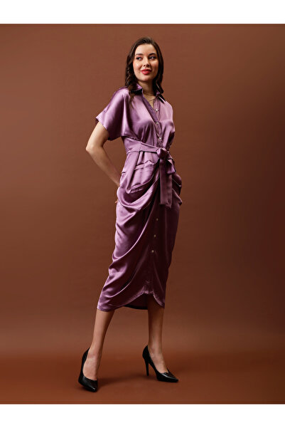 Athena By Styli Satin Shirt Midi Dress with Pleated Detail