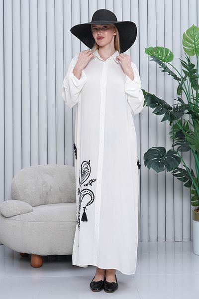 BeyzaBayram Women's White Embroidered Back Tasseled Large Size Oversize Buttoned Long Viscose Dress