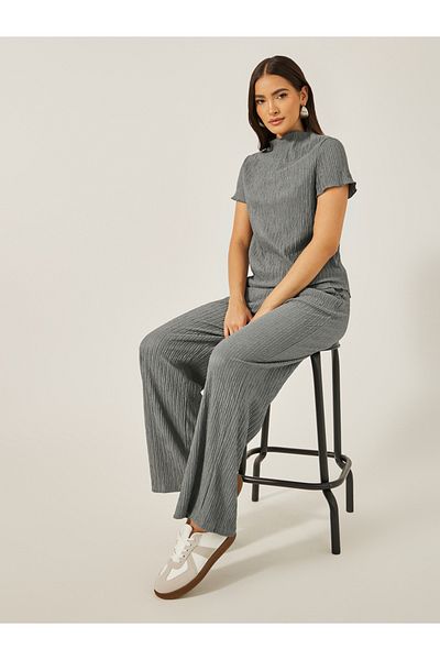 Styli Textured High Neck Top with Wide Leg Pants Co-Ords
