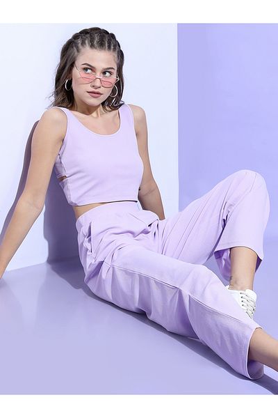 Tokyo Talkies By Styli Solid Round Neck Crop Top with High Rise Trousers Co-Ords