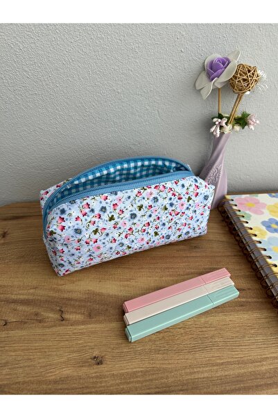 minyaturhayalim Minik çıtır çiçek mavi fermuarlı kalem kutusu kalemlik astarlıdır yıkanabilir ölçü 20-7-6cm