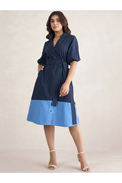 Femmella By Styli Color Block Button Down Puff Sleeve Midi Dress