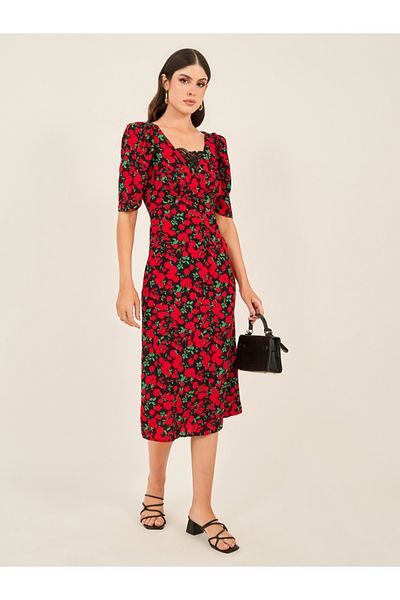 Styli Floral Print Short Sleeves Sheath Midi Dress