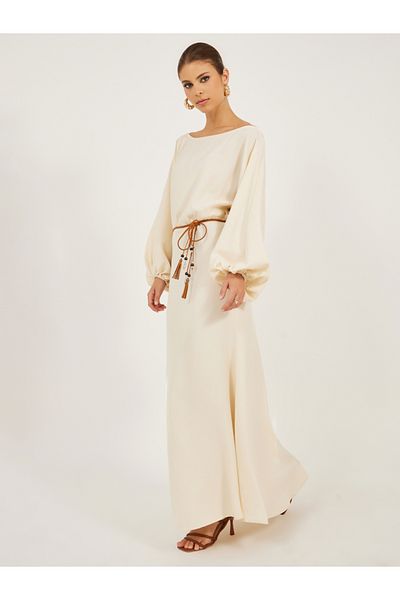Styli Solid Balloon Sleeves Boat Neck A-Line Maxi Dress