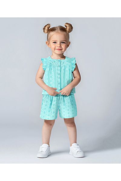 Bonfino Bonfino 100% Cotton Schiffli Frill Sleeves Top and Shorts Co-ord Set - Light Blue
