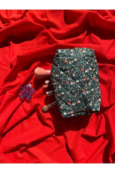 ESY LİNE Green Retro Floral Patterned Makeup and Handbag