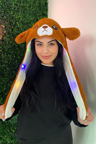 BeSa Accessories Kahverengi Ayı Figürlü Işıklı Kulakları Oynayan Peluş Şapka