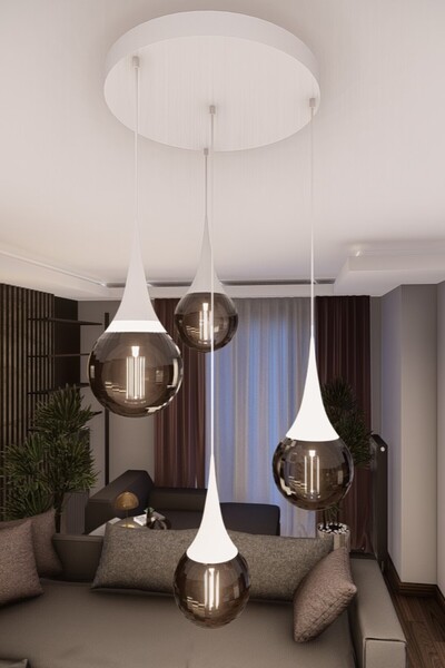 avizade LİORA Modern Beyaz Metal Avize - Füme Cam, 4'lü Sarkıt, E27 Duy, Deko...