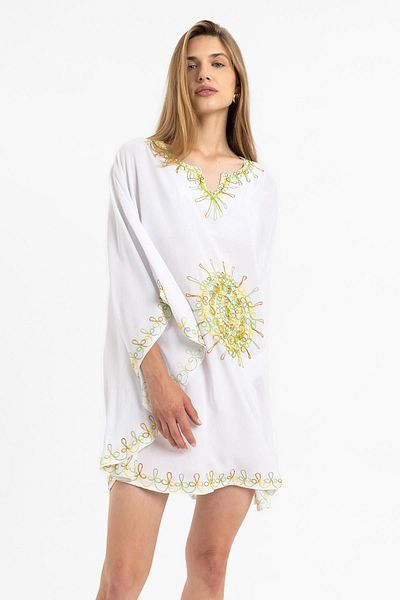 Deriderim Rochie caftan din bumbac, cu mâneci liliac, albă, scurtă de vară