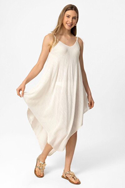 Deriderim Біла сукня на бретельках без рукавів, асиметрична, літня, без підкладки, бавовняна