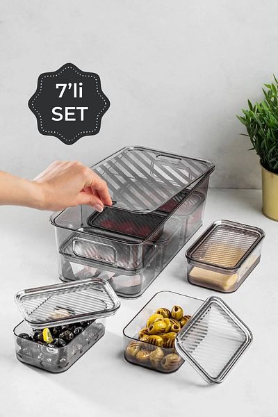 Şener collection 7 Compartment Acrylic Lid Breakfast Storage Container Set Anthracite