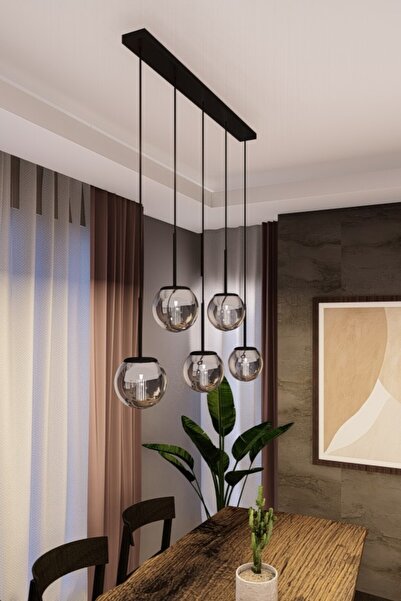avizade Dora Modern Sıralı Avize - Siyah Metal, Füme Cam, 5'li Sarkıt, E27 Duy, Yemek Masası Aydınlatması