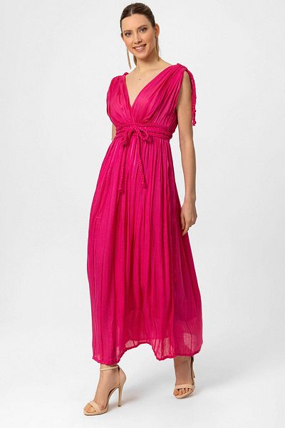 Deriderim Rochie de seara cu bretele Helen fucsia cu talie elastica Rochie lunga de absolvire