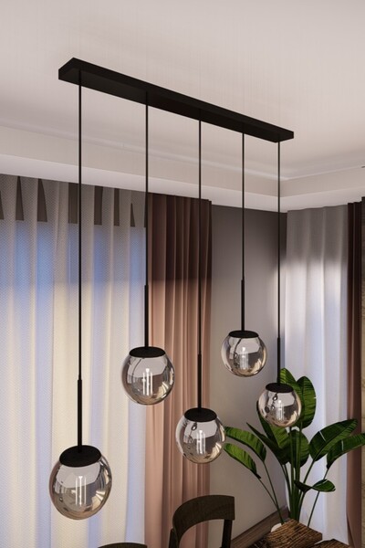 avizade Dora Modern Sıralı Avize - Siyah Metal, Füme Cam, 5'li Sarkıt, E27 Duy, Yemek Masası Aydınlatması