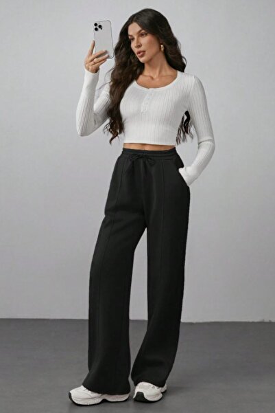 kallima Μαύρο ριγέ φαρδύ πόδι με ψηλόμεσο και εποχιακό κορδόνι με δύο κλωστές