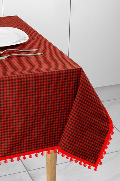 Soft Kare Pompon Series Small Checkered Pompom Tablecloth, Picnic Tablecloth, Classic Tablecloth