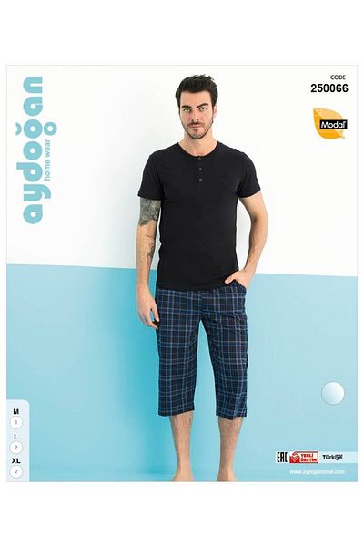 Aydoğan Blue Black Modal Fabric Button Collar Men's Pajamas Set 250066