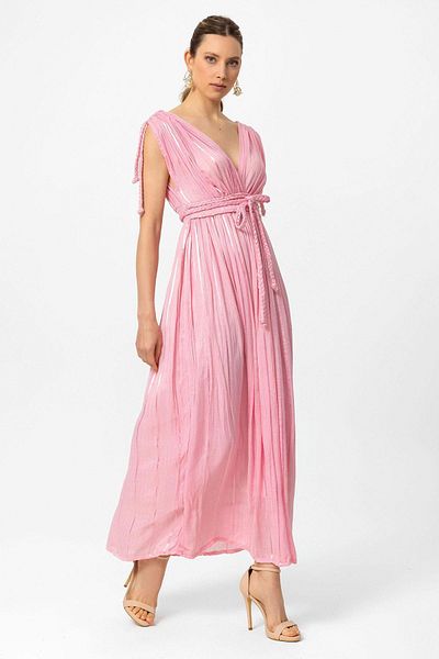 Deriderim Rochie de seara cu bretele Helen roz cu talie elastica Rochie lunga de absolvire